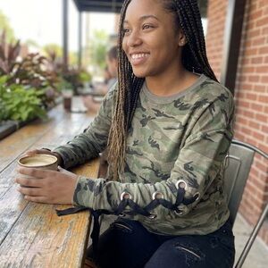 LEA & VIOLA LOUNGE Camo Lace-Up Grommet Sleeve Sweatshirt - Size M